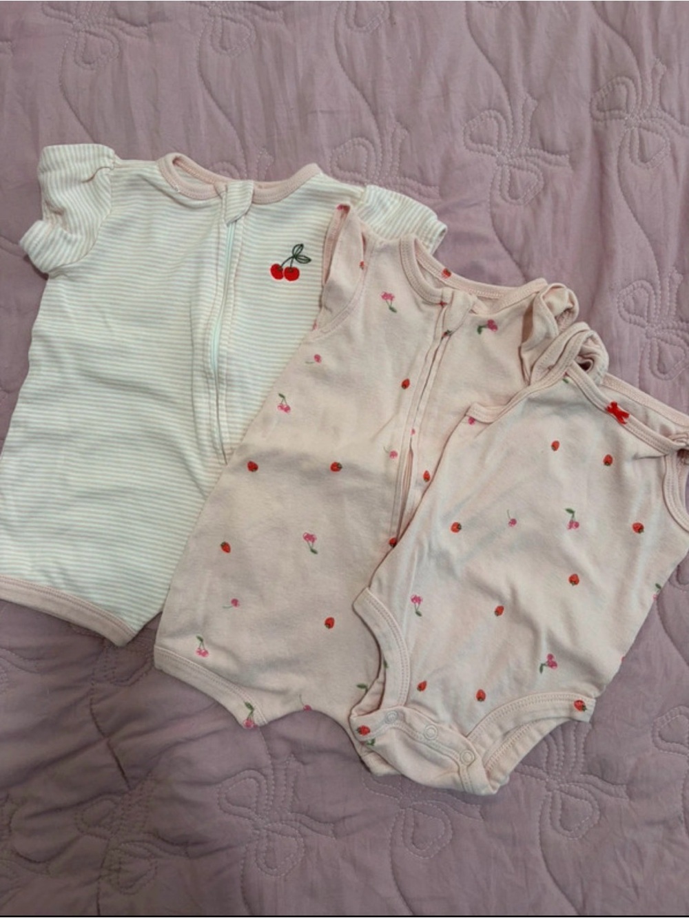 Carter's Pink & Cream Cherry Print One-Piece Bodysuit Set - 3 Pack